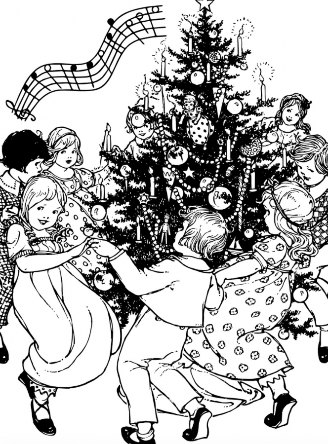 Art of children dancing to Christmas music around a Christmas tree.