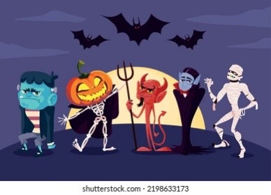 shutterstock image of zombie, pumpkin skeleton, devil, vampire, and mummy