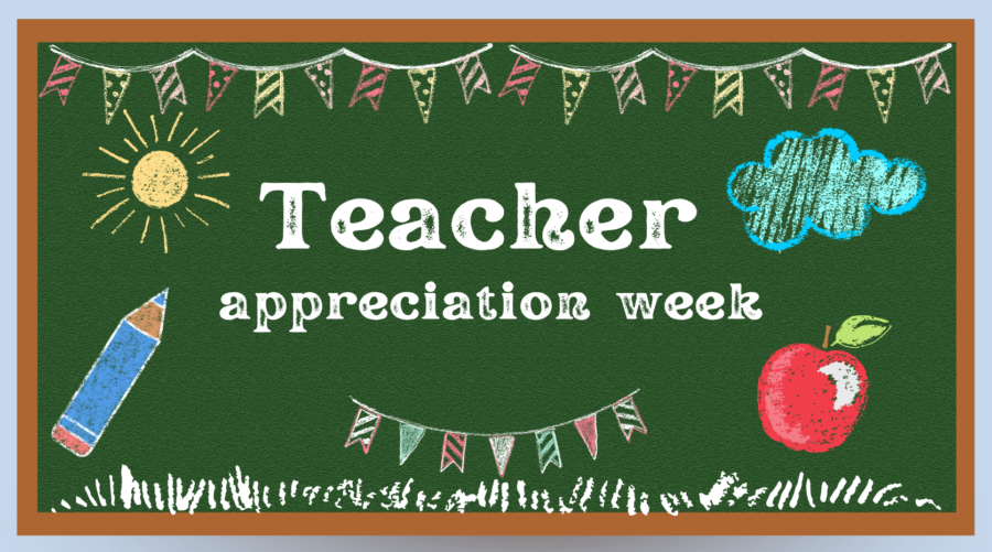 A chalk board commonly found in a classroom with a Teacher Appreciation week drawing.